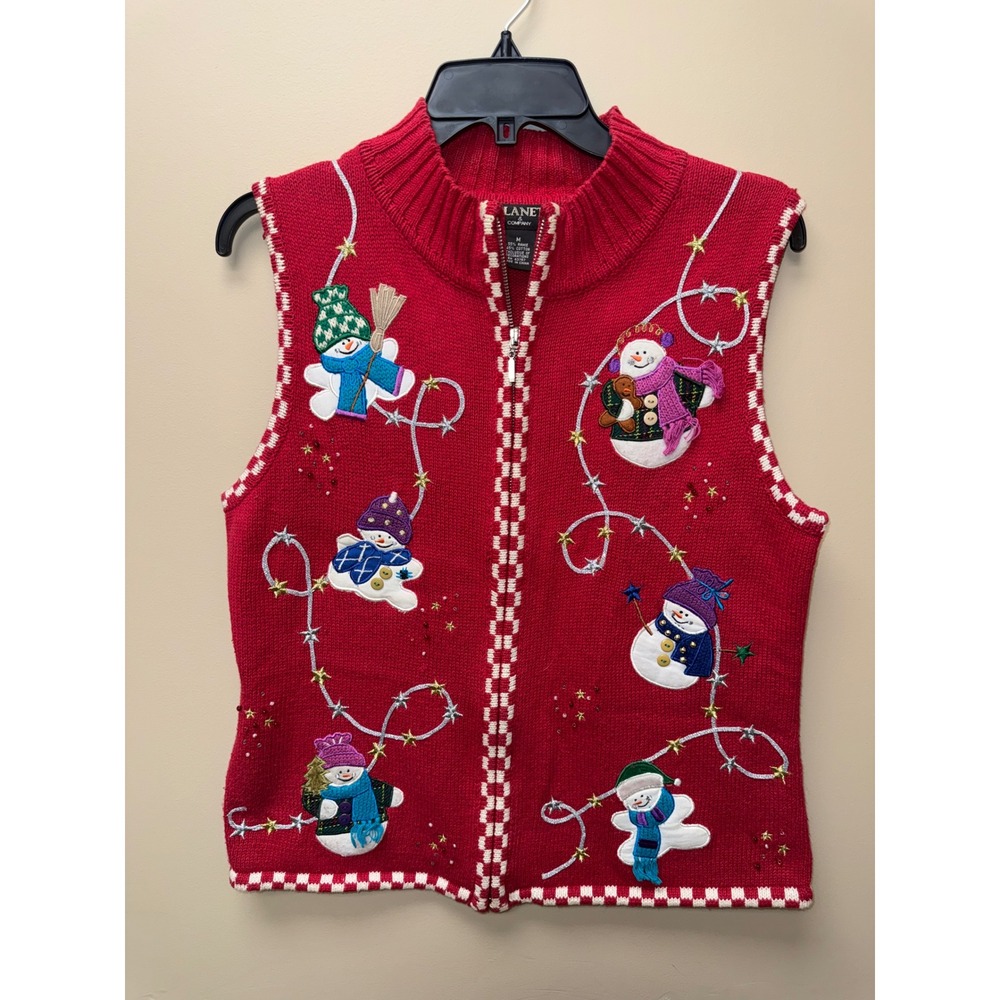 Planet & Company Womens Red Snowman Embroidered Zip Front Sweater Vest Medium